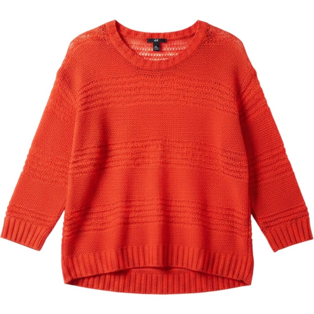 H&M Bright Orange Sheer Open Knit Striped 3/4 Sleeve Sweater S Boho Coastal EUC